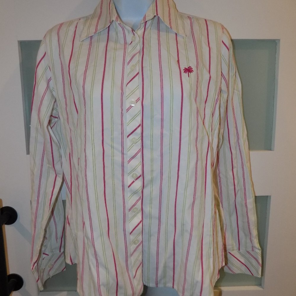 LILLY PULITZER Button Down Striped White Multi Cotton Blouse Size 8 Women's EUC